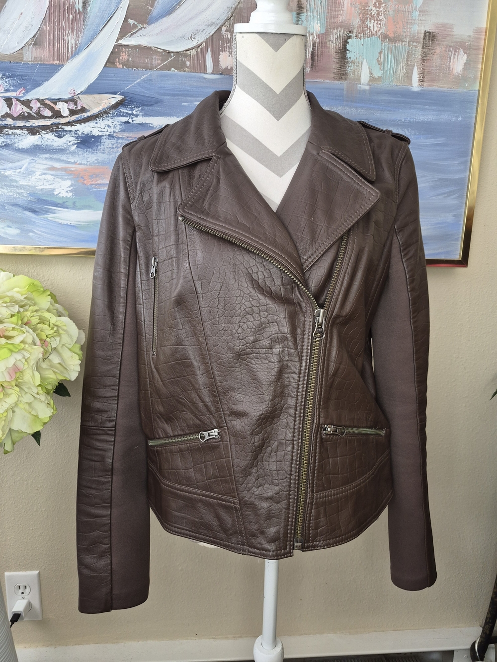 Trouve Dark Brown Croc-Embossed Leather Moto Jacket